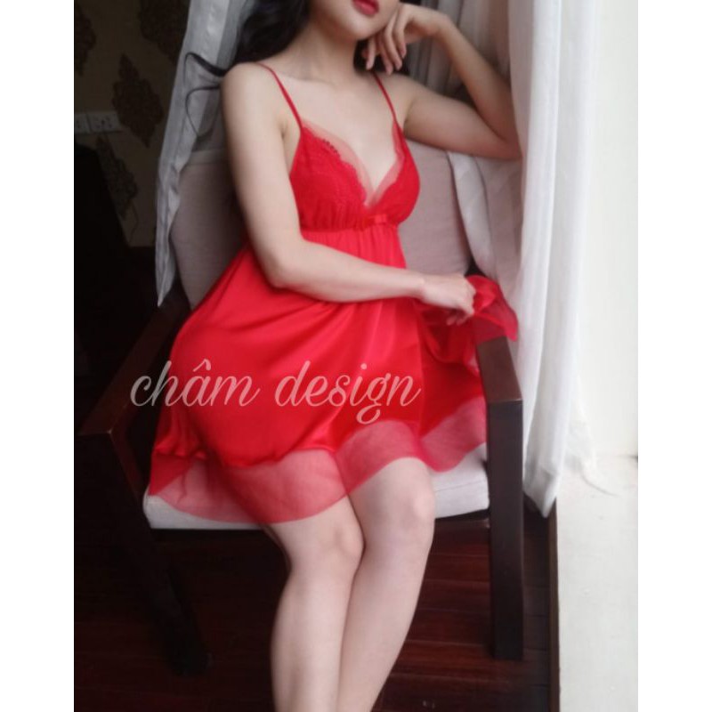Váy ngủ đỏ lụa chân lưới hàng thiết kế độc quyền tại shop