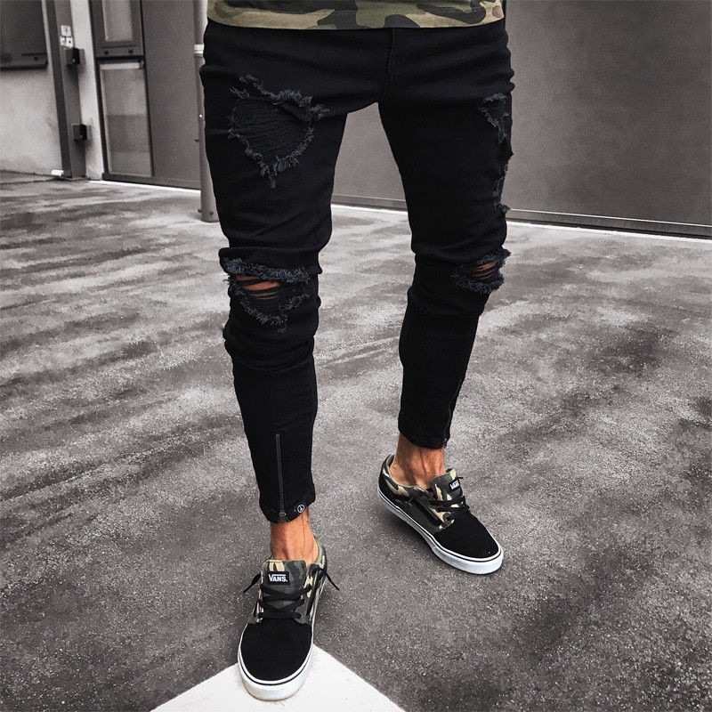 Cool Designer Black Knee Hole Ripped Skinny Jeans Men Plus Size Slim Fit Pencil Jeans for Men Zipper Stretch  Destroyed  Jeans Hop Hop Denim Pants