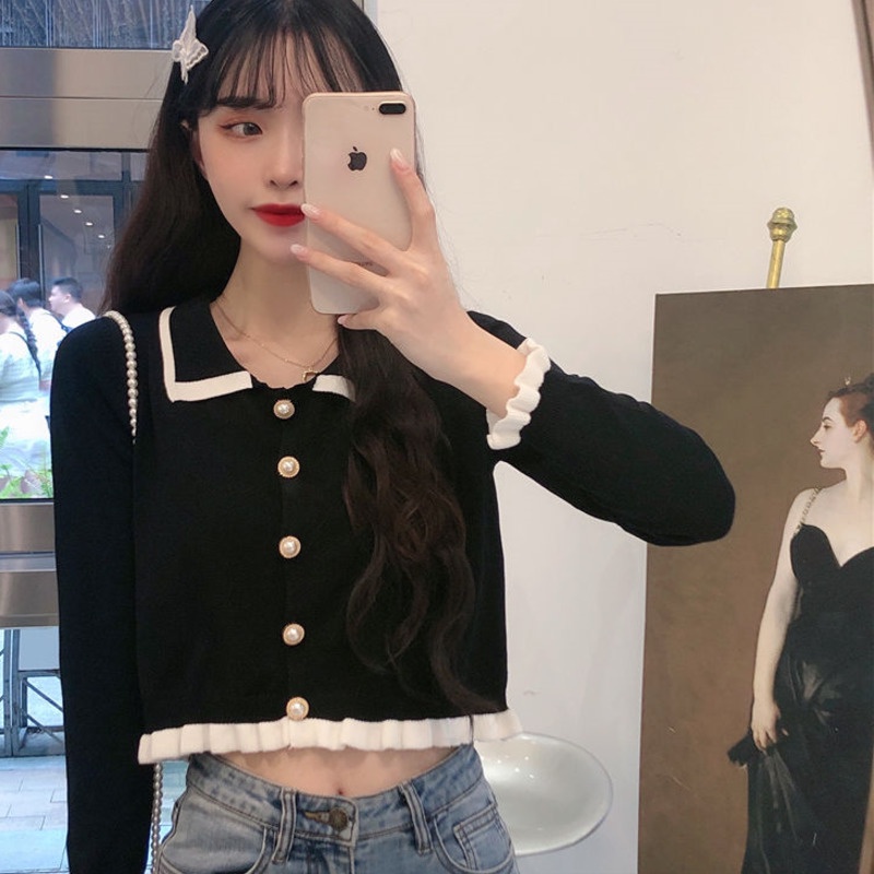 Áo Dệt Kim Tay Dài Cổ Búp Bê Xinh Xắn Thời Trang Cho Nữ