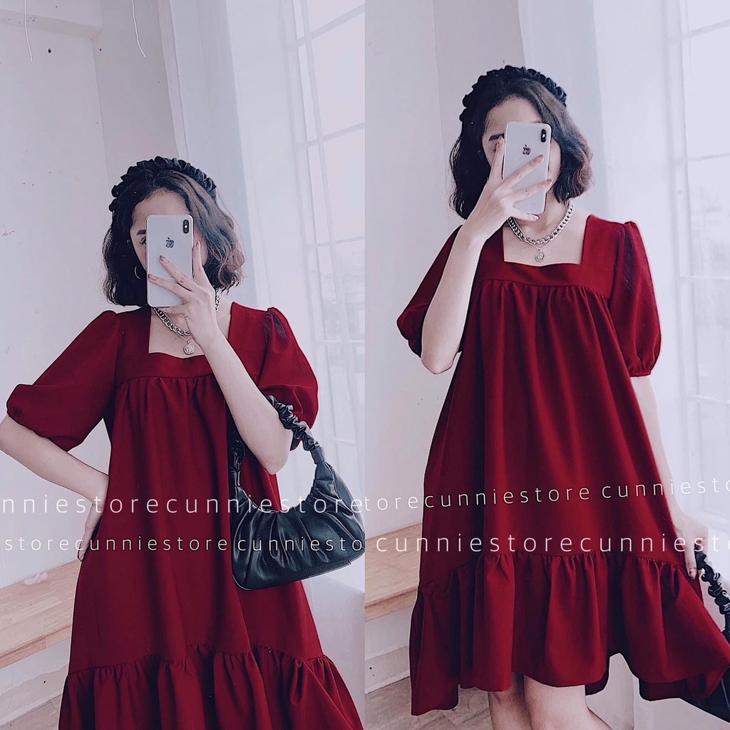 Đầm bầu dự tiệc màu đỏ  váy bầu cổ vuông đuôi cá có 3 size S/M/L