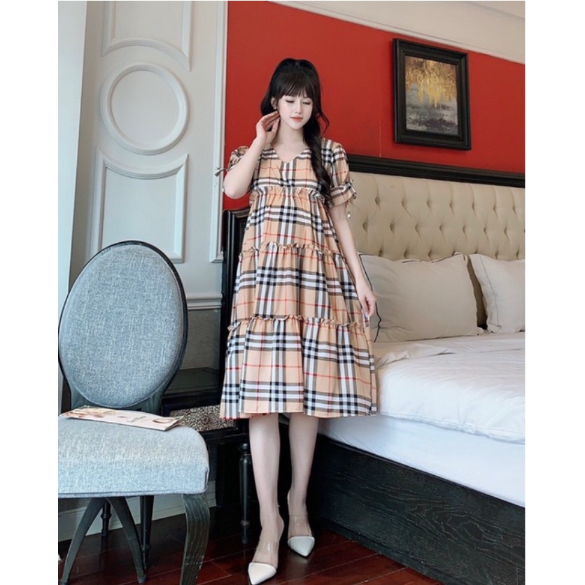 Váy bầu cao cấp chất kẻ Hàn siêu đẹpthiết kế tay bồng sang chảnh