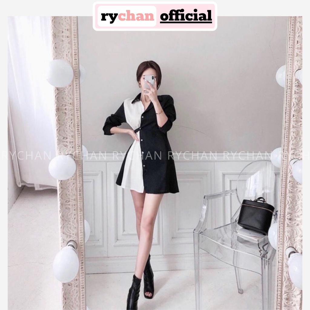 Đầm Thiết Kế Nữ Dáng Sơ Mi Phối Trắng Đen Gài Nút Cực Độc Lạ Cá Tính [ẢNH THẬT CUỐI] - DX9885