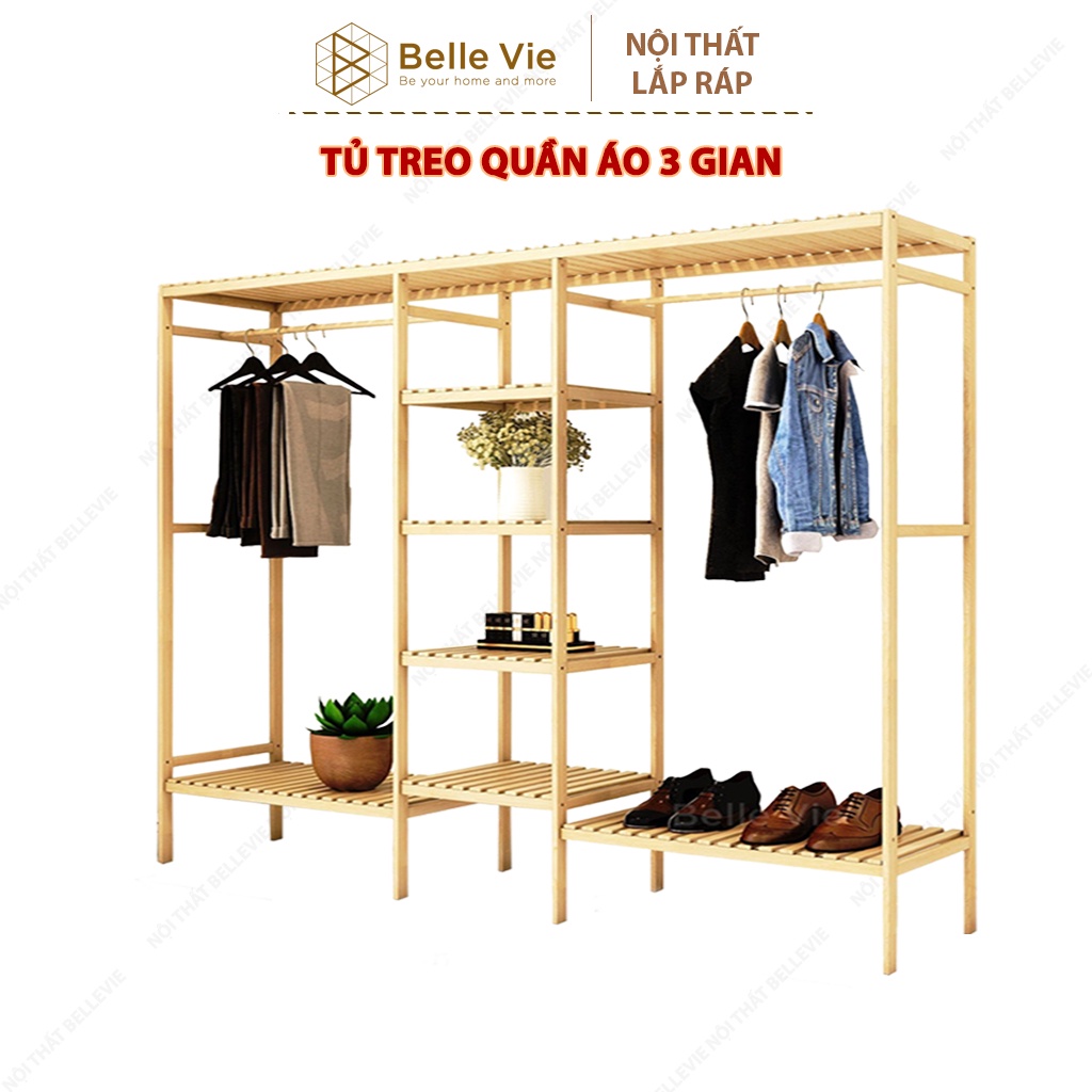 Tủ Quần Áo Gỗ BELLEVIE, Tủ Treo Quần Áo Gỗ Thông Phong Cách Hàn Quốc Kệ Gỗ Thông Nhập Khẩu