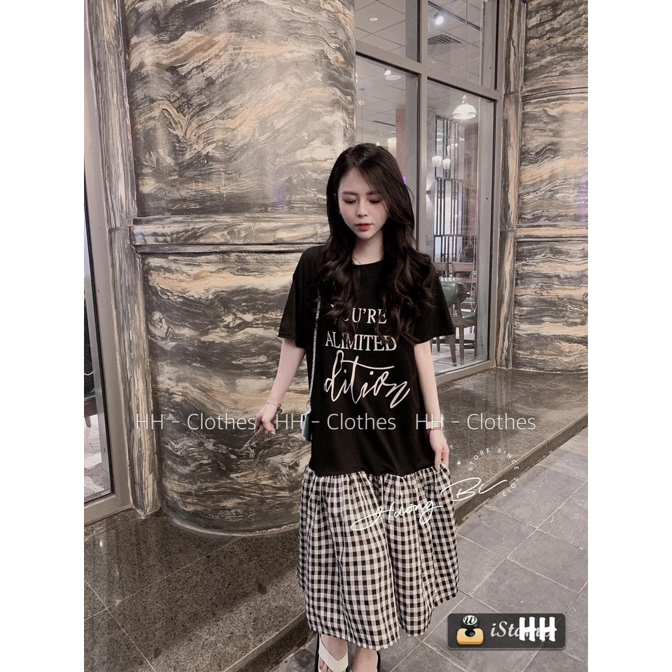 ĐẦM SUÔNG THUN ĐEN TAY NGẮN CHỮ PHỐI KẺ SỌC CARO ULZZANG