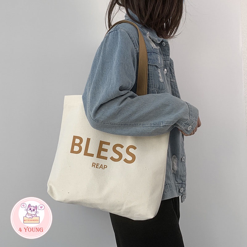 Túi tote vải canvas giá rẻ thời trang phong cách Hàn Quốc in chữ BLESS đi học đi chơi đẹp T1003