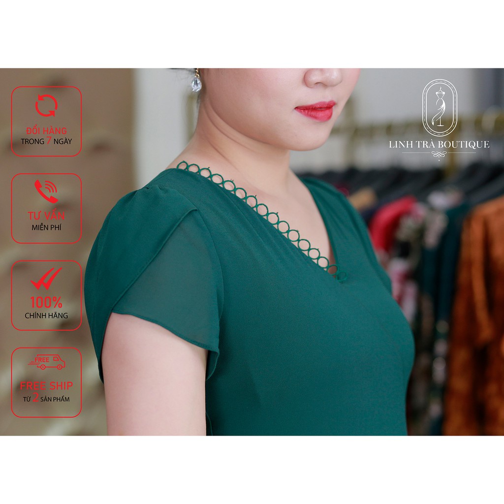 Đầm trung niên cao cấp Linh Trà Boutique tay lỡ xẻ tà thiết kế thanh lịch, sang trọng - mã TM106