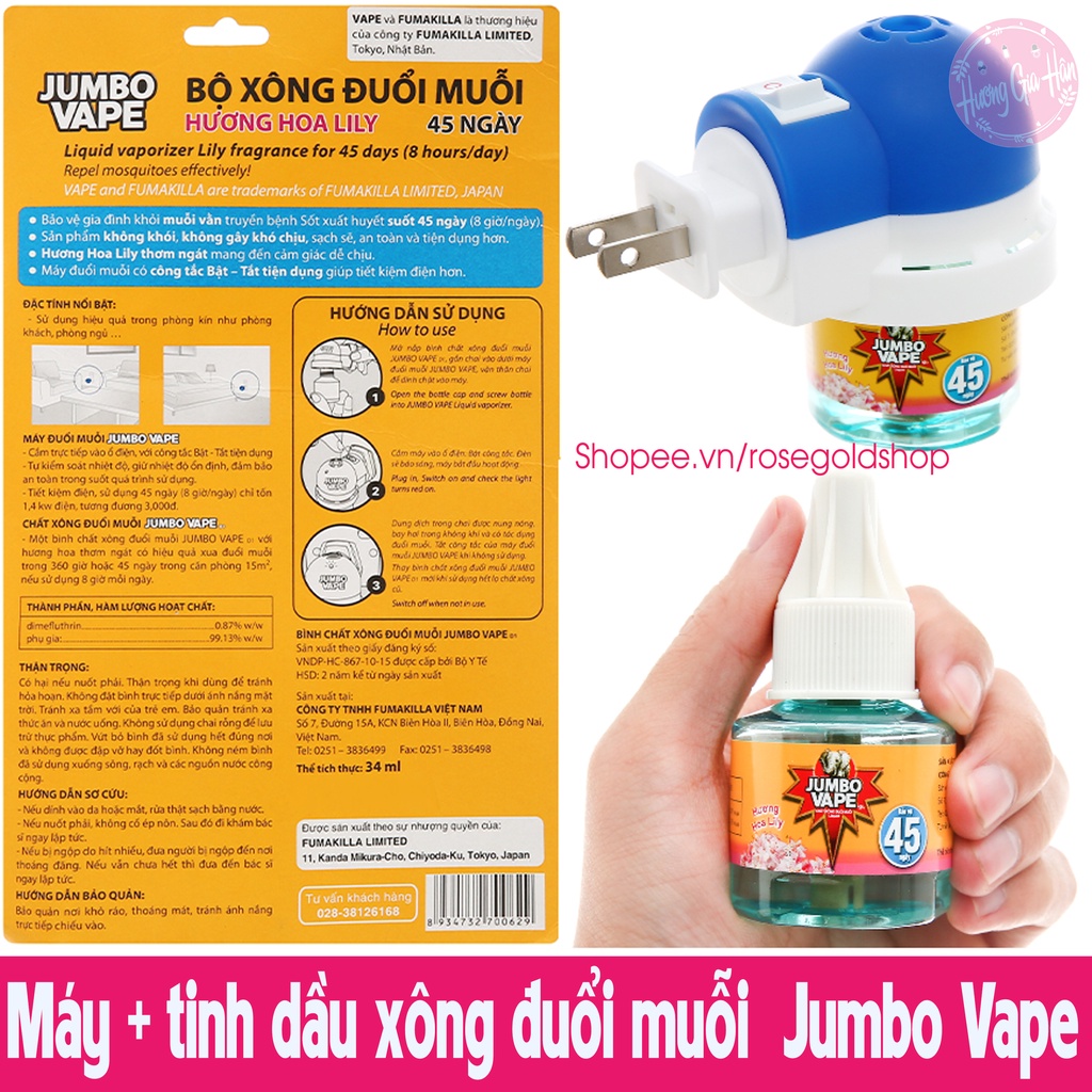 Combo Máy Xông Đuổi Muỗi &amp; Lọ Tinh Dầu Jumbo Vape - Sản Phẩm Không Thể Thiếu Khi Nhà Có Trẻ Con