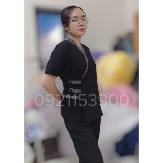 Đồng phục spa màu đen viền xám