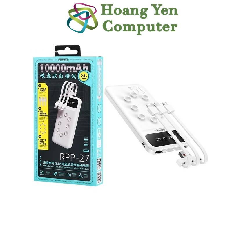 Sạc Dự Phòng Remax RPP-27 10000mAh (Tích Hợp 3 Đầu Cáp, Lỗi Polymer Siêu Bền) - BH 12 Tháng - Hoàng Yến Computer
