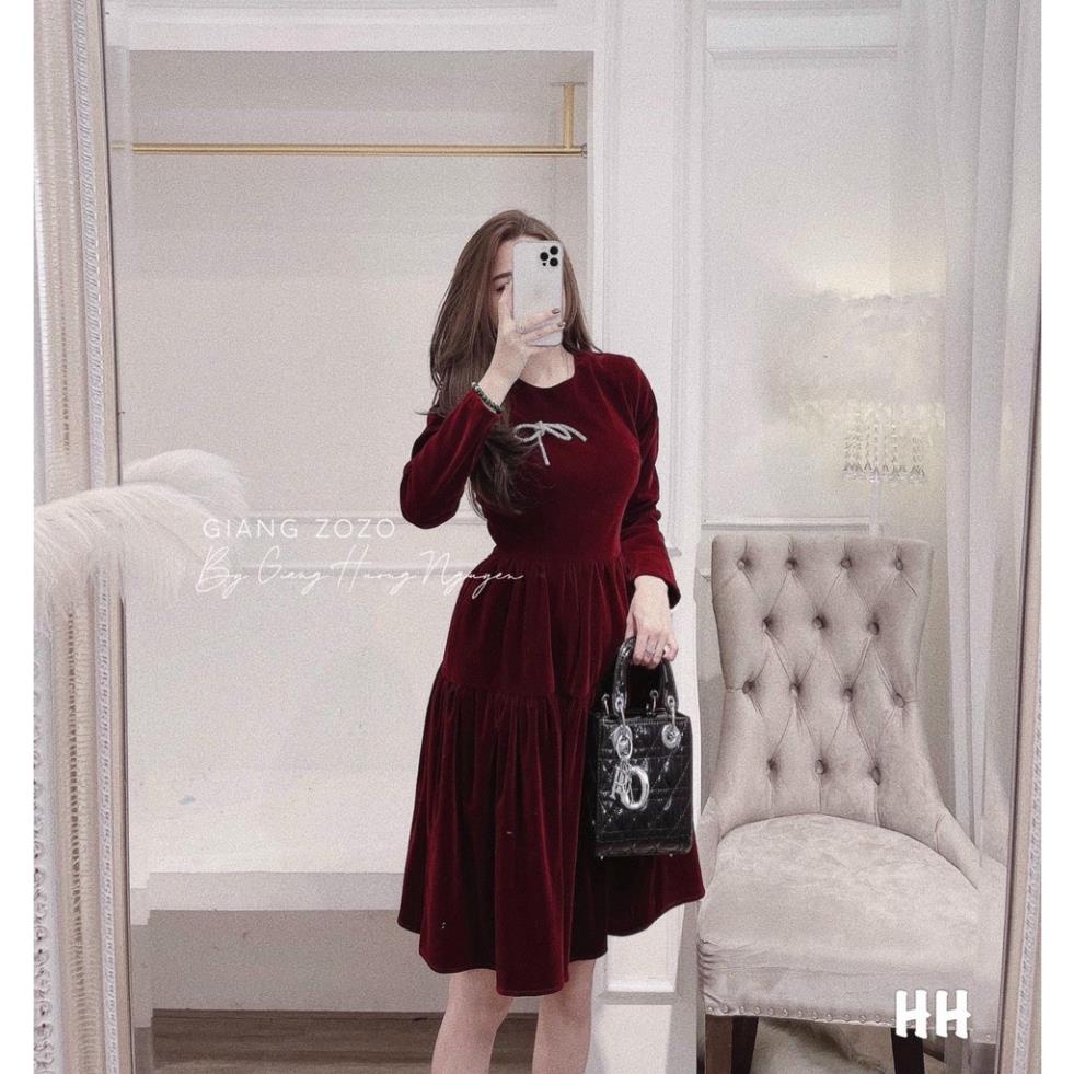 Váy nhung tiểu thư, váy nhung đỏ hàng thiết kế phối nơ sang đẹp tay bồng diện đi chơi nhứt nách | BigBuy360 - bigbuy360.vn