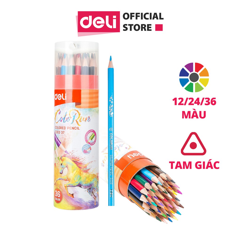 Bút chì màu học sinh dạng cốc cao cấp Deli kèm gọt - 12/24/36 màu chất liệu gỗ tự nhiên an toàn màu sắc tươi sáng