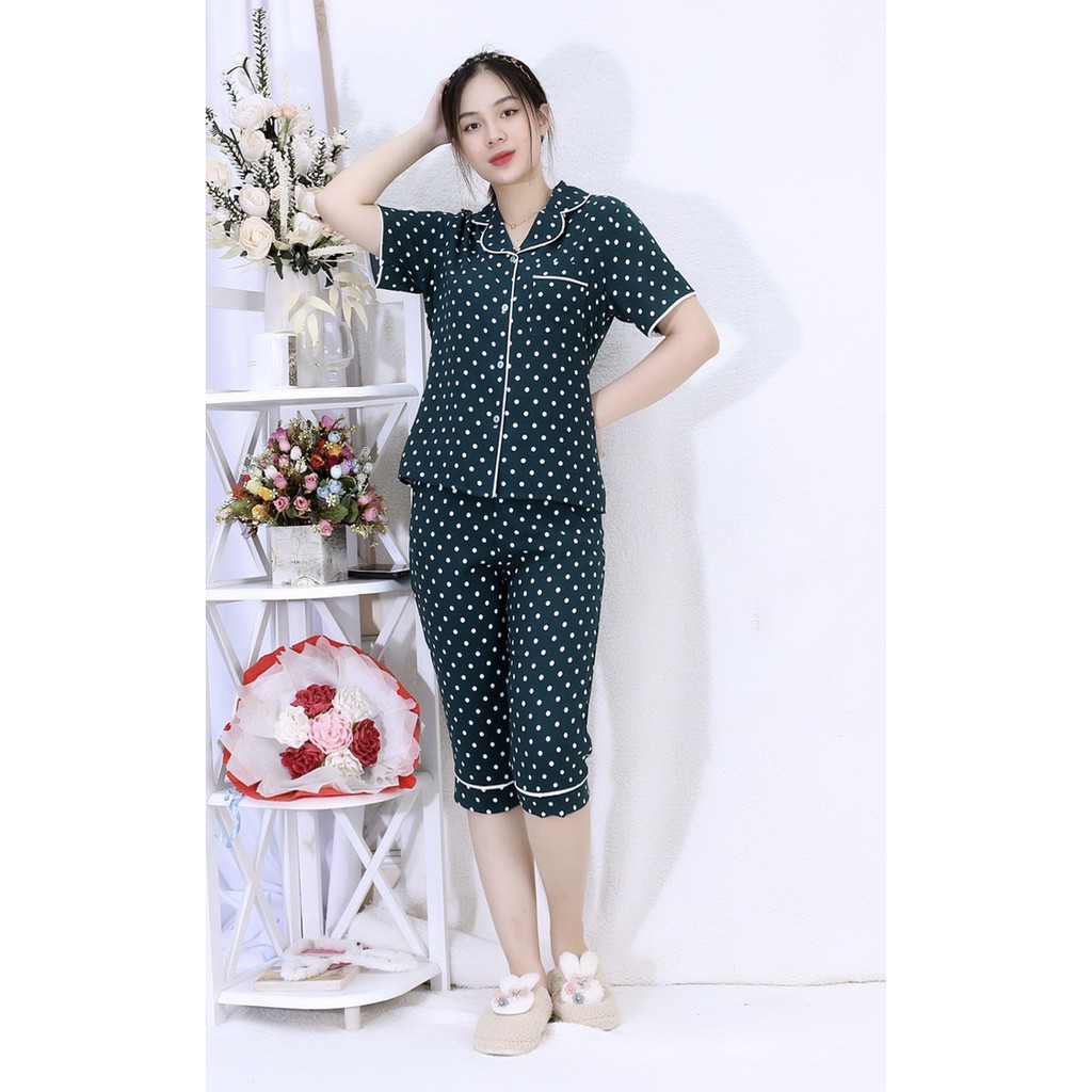 [HÌNH THẬT 100%] Bộ đồ Pijama nữ lửng XANH CHẤM BI - vải siêu lụa cao cấp - Cực Kì Sang Chảnh