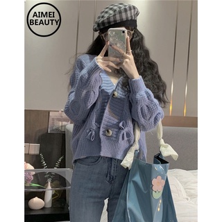 Áo len cổ chữ V thắt nơ phong cách Hàn Quốc