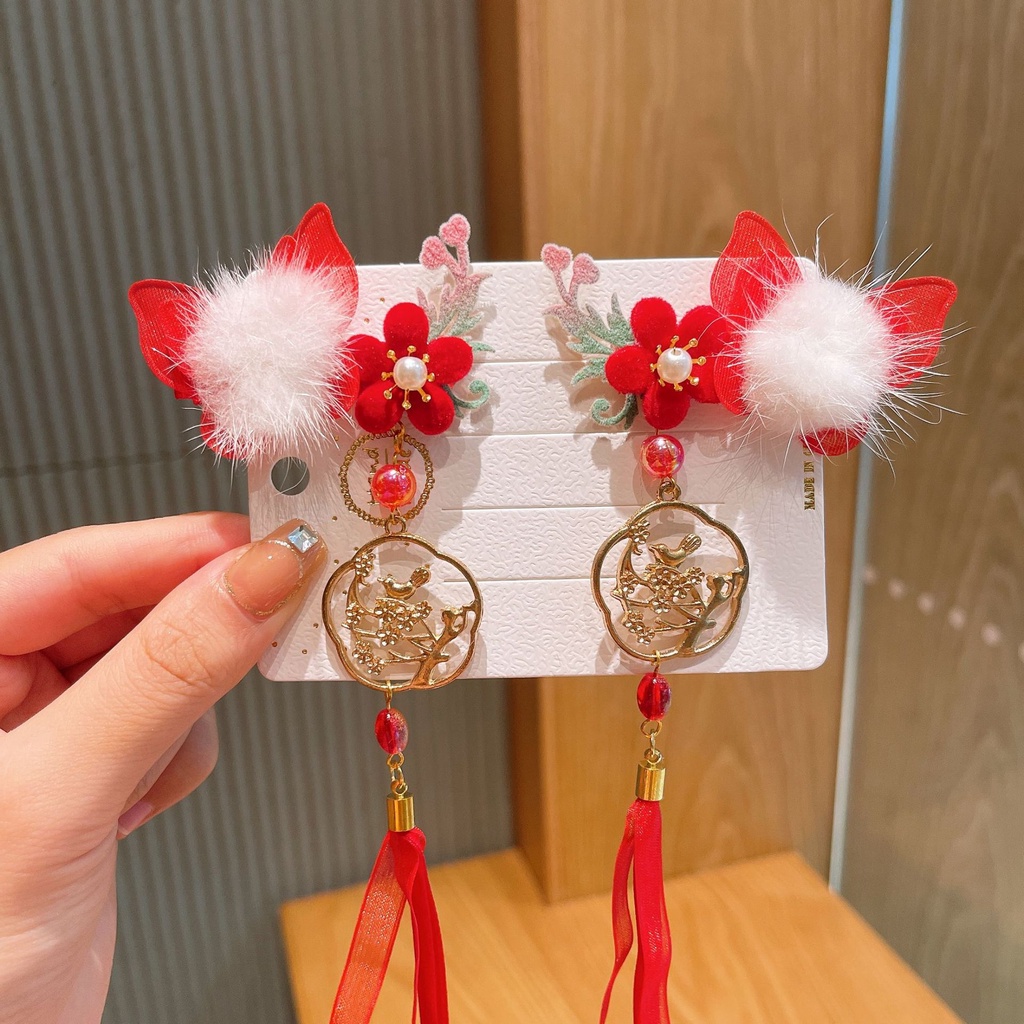 Bộ Kẹp Tóc Hình Bướm Tua Rua Phong Cách Trung Hoa Mừng Năm Mới Cho Bé Gái