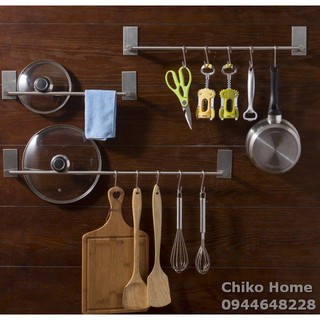 Thanh treo inox 304 + 5 móc chữ S dán tường Kính Gỗ Gạch men cho bếp - nhà vệ sinh
