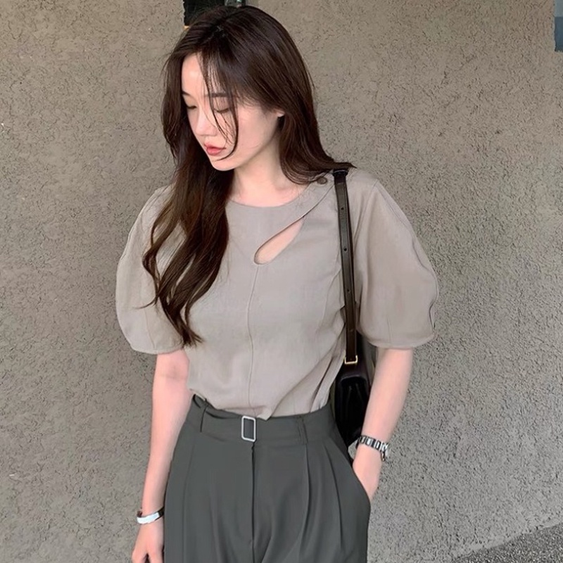 Áo kiểu nữ thiết kế tay phồng Ngắn tay khoét ngực Hàn Quốc Áo kiểu tay bồng nữ tay ngắn Kiểu Pháp Phong cách Thời trang
