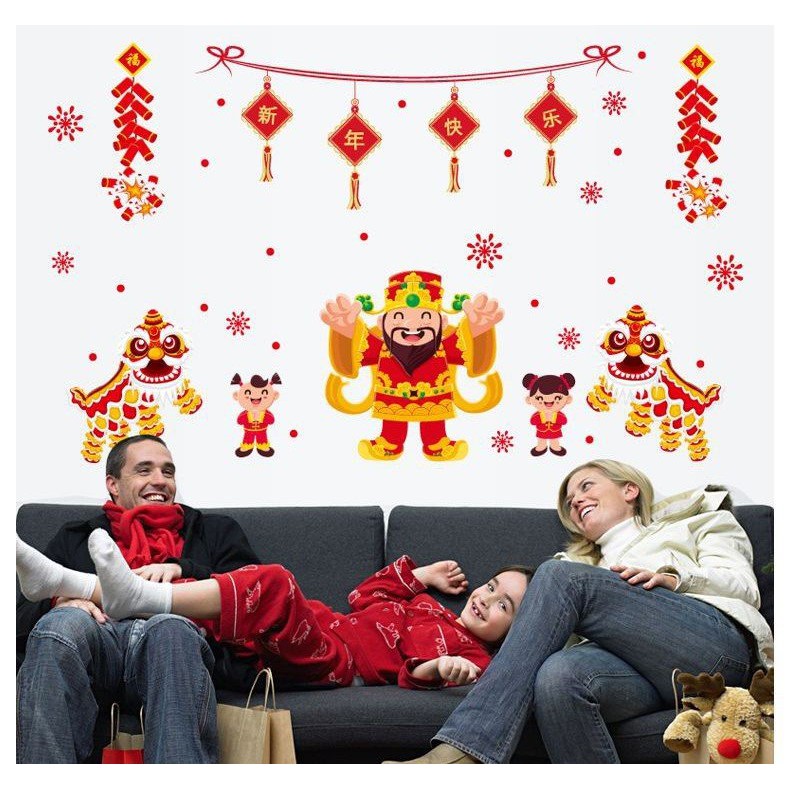 Decal trang trí Tết - Đoàn thần tài múa lân chào đón xuân