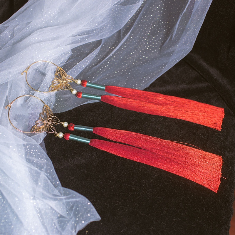 Dây Cột Tóc Hình Bướm Đính Ngọc Trai Tua Rua Phong Cách Cổ Điển