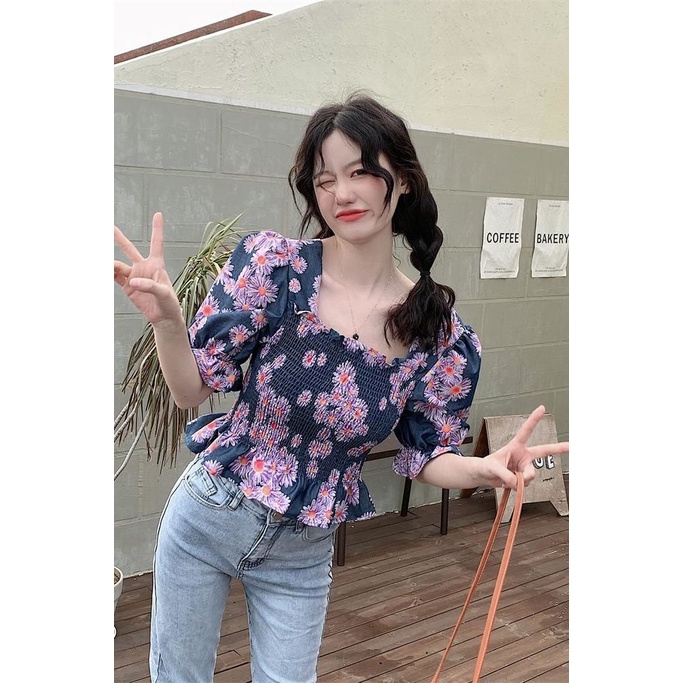 Áo Kiểu Tay Ngắn Phồng Cổ Vuông Họa Tiết Hoa Phong Cách Retro Phương Tây