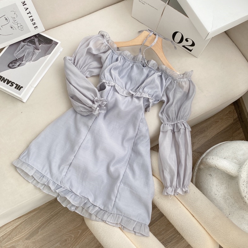 Đầm bẹt vai xanh tay dài bèo dáng ôm