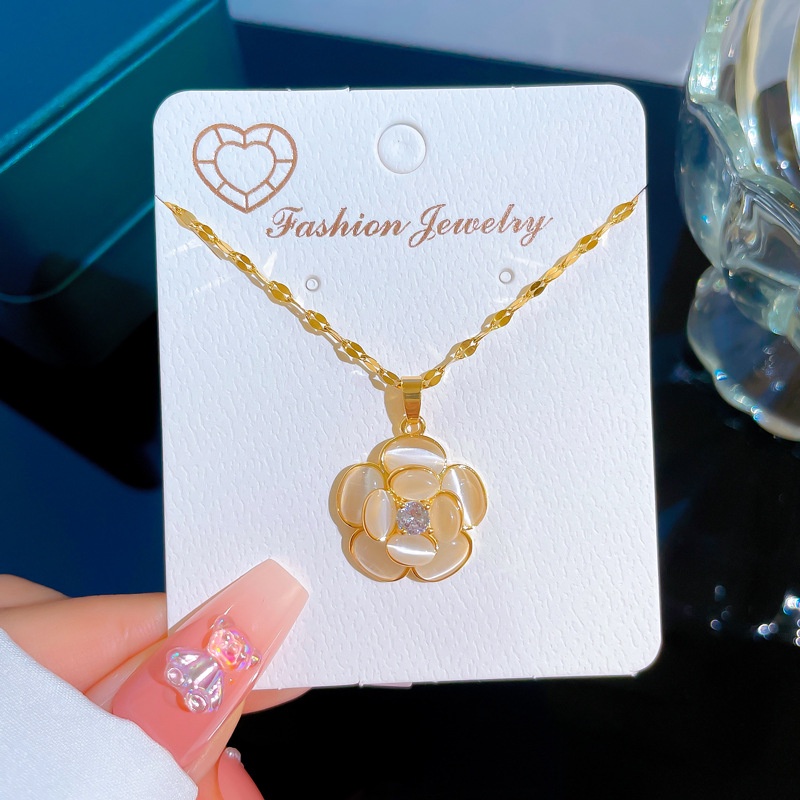 Dây Chuyền Thép Titan Nhẹ Hình Hoa Mắt Mèo Trong Suốt Mạ Vàng Sang Trọng Cho Nữ May Mắn ins Influencer