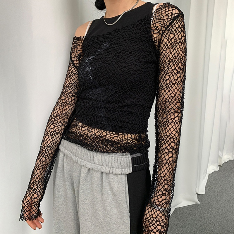 Áo Lưới Croptop Tay Dài Xuyên Thấu Gợi Cảm Cho Nữ