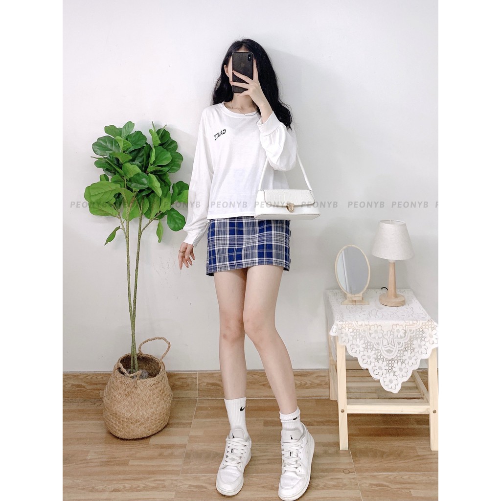 Bộ chân váy caro kèm áo cautio tay dài nữ [FREESHIP] Set đầm mini zip, phông thun trắng bánh bèo tiểu thư ulzzang ĐẸP