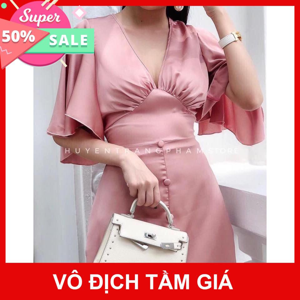 [Bão Giá] Váy Đầm Lụa Cổ Khoét Chữ V Tay Cánh Sen S52