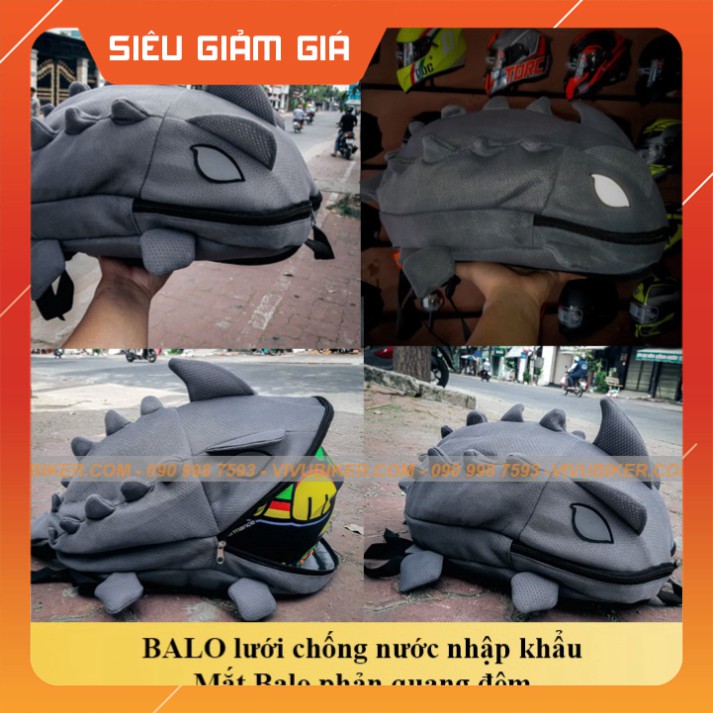 Balo KHỦNG LONG màu xám cao cấp vải LƯỚI PHẢN QUANG mắt đi học, đi du lịch, đi chơi siêu dễ thương
