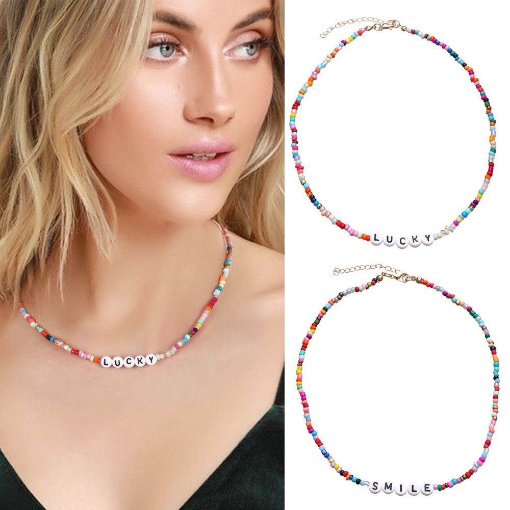 Vòng cổ xỏ hạt đậu chữ cái Letter Lucky Love nhiều màu phong cách Bohemia thời trang cá tính dành cho nữ