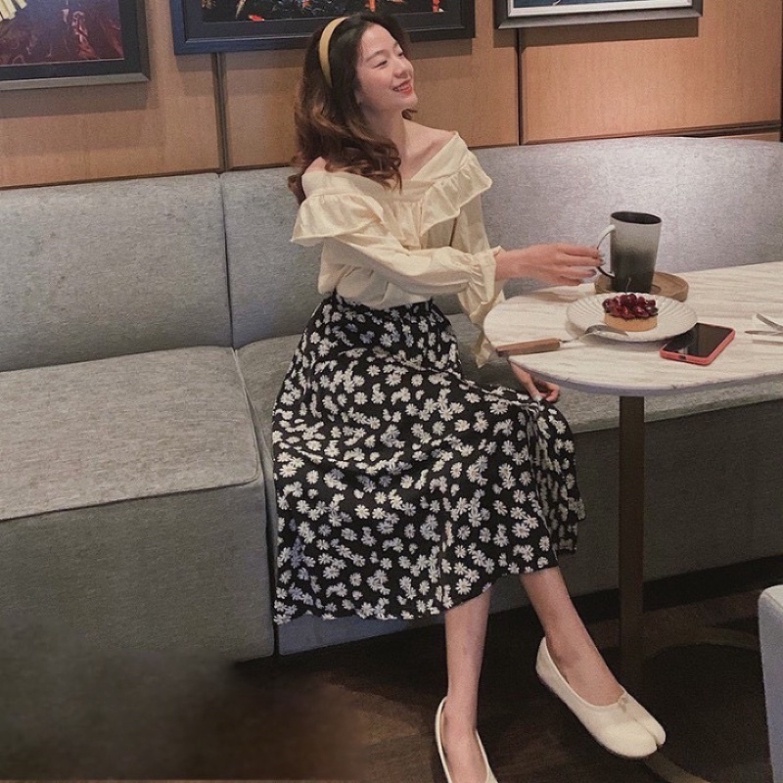 Chân váy dài midi hoa nhí siêu hot chất mát, phom đẹp, nội y xanh