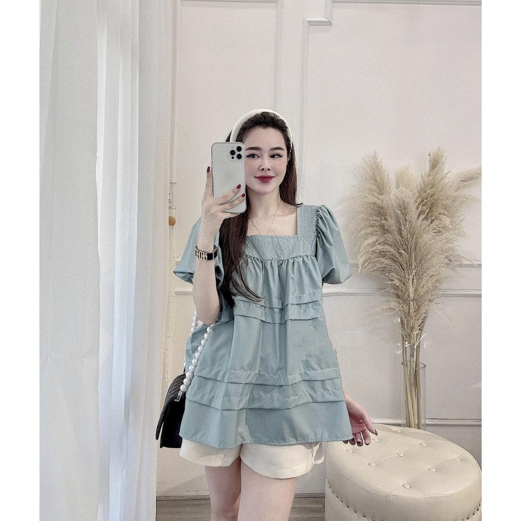 Set bộ áo babydoll xanh ngọc cổ vuông mix quần short đùi nữ dáng phồng MIVOSA 0108