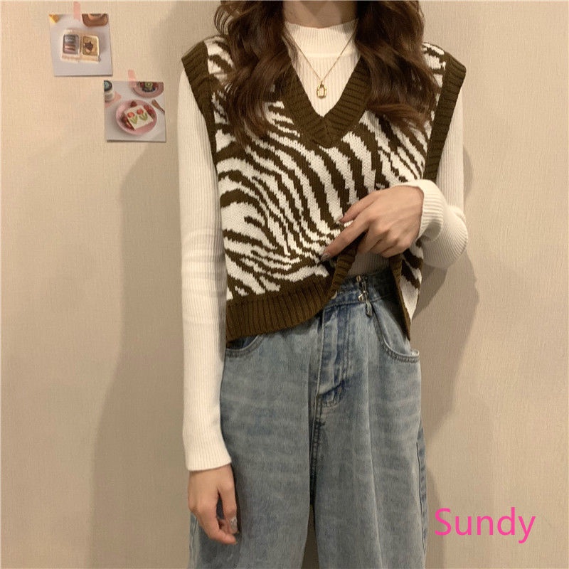 Áo len không tay cổ chữ v dáng rộng in họa tiết ngựa vằn thời trang mùa đông cho nữ
