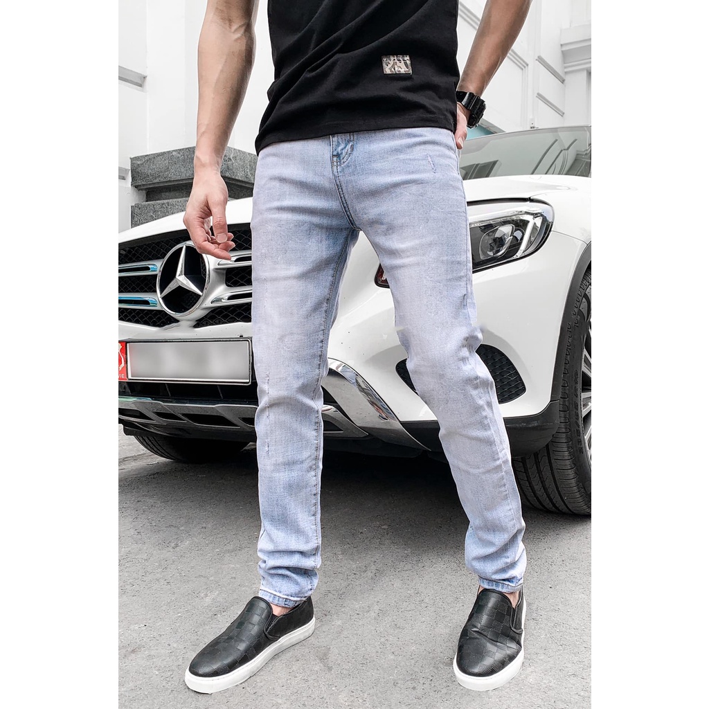 Quần Jeans Nam Dáng Ôm Ống Côn Màu Xanh Rách Gối Bạc Đen Trẻ Trung