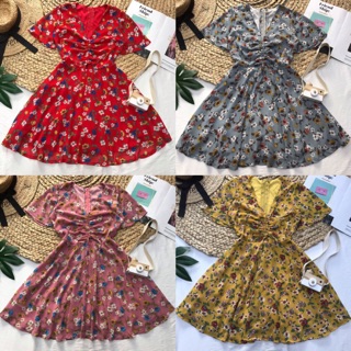 Váy hoa xoè tay ngắn rút dây eo