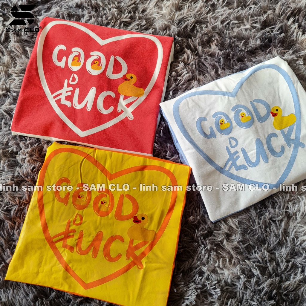 Áo thun nữ tay lỡ SAM CLO freesize phông form rộng dáng Unisex, mặc lớp, nhóm, couple hình TRÁI TIM chữ GOOD LUCK