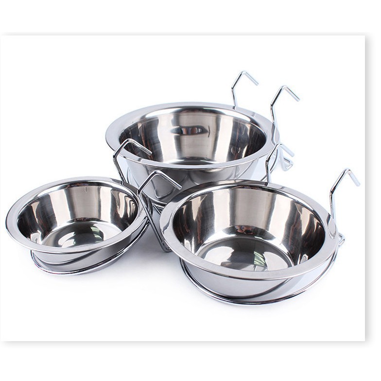 Bát ăn cho chó mèo - Bát inox treo chuồng có giá đỡ (3 size) chén ăn uống cho chó mèo nhỏ