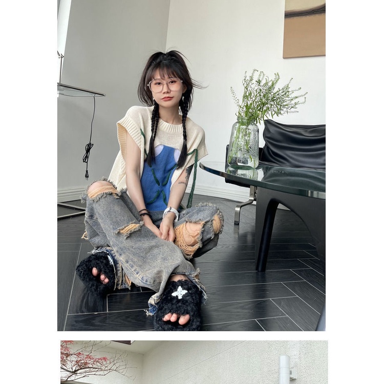 Quần Jean Ống Rộng Cạp Cao Rách Gối Phong Cách Đường Phố Mùa Hè Hàng Mới Dành Cho Bạn Nữ Mang Trong 15 Ngày