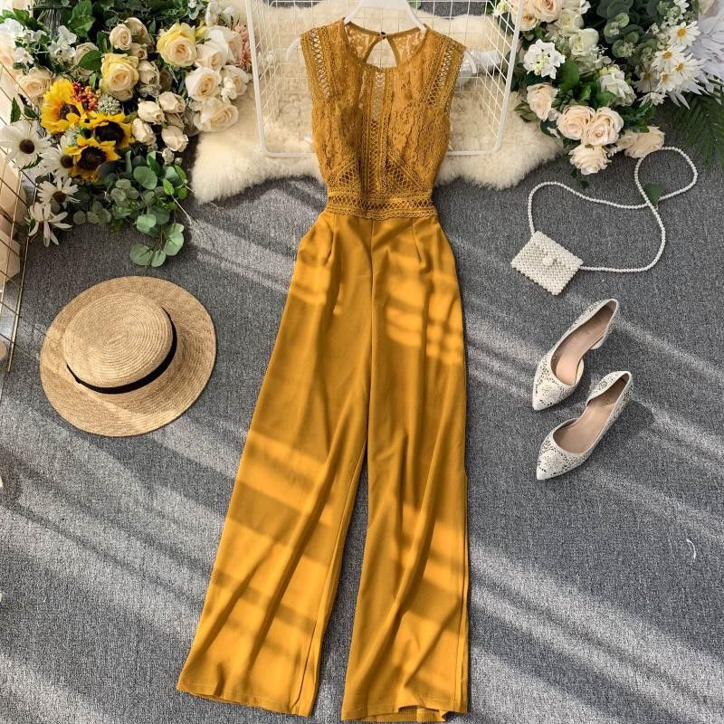 Jumpsuit dài phối ren nữ hở lưng ống rộng Đ64