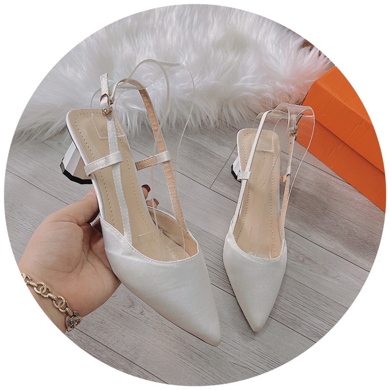 Giày sandal cao gót mũi nhọn Lụa trơn gót trụ 5cm xinh xắn