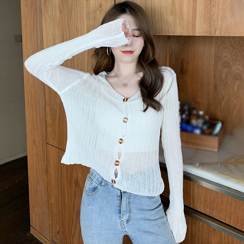 Áo khoác cardigan dệt kim tay dài cổ chữ V màu trơn phong cách Hàn Quốc cho nữ