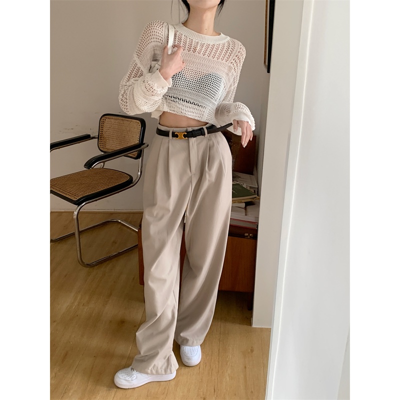 QKOOLE  Áo Croptop Dệt Kim Tay Dài Cổ Tròn Phong Cách Hàn Quốc Cổ Điển Thời Trang Cho Nữ