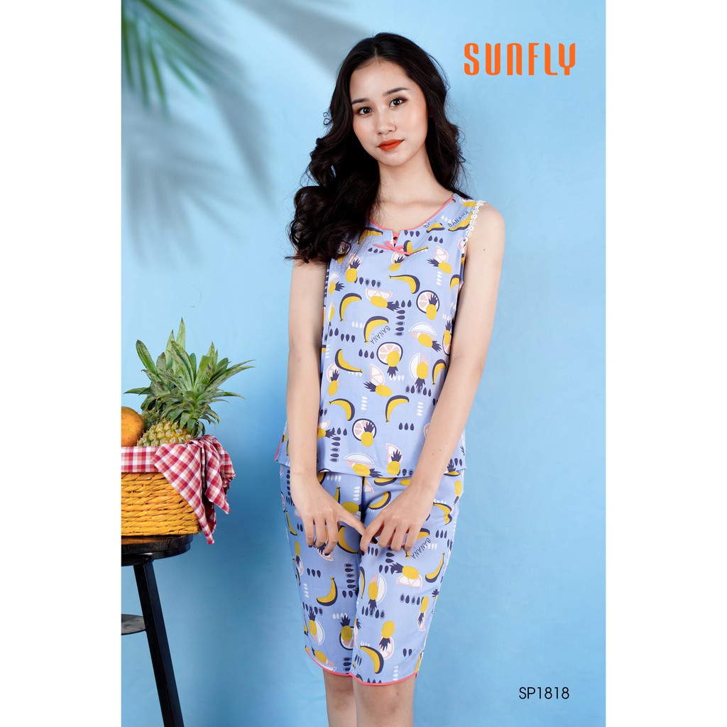 Bộ đồ lanh mặc nhà áo sát nách, quần lửng SUNFLY xuân hè SP1818