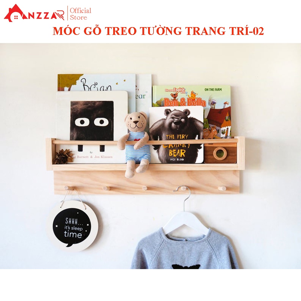 Kệ gỗ treo tường Anzzar thiết kế đa năng treo quần áo, làm giá sách, đựng đồ lưu niệm trang trí KG-08