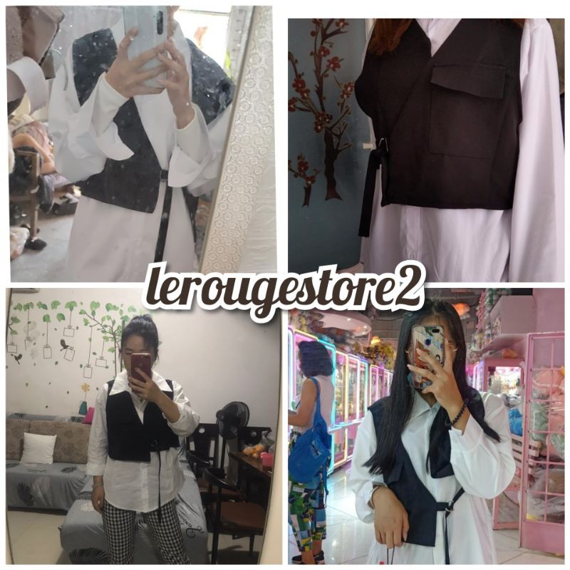 (SẴN) Set trang phục phong cách Hàn Quốc váy sơ mi form dài trắng + áo khoác kiểu  gile đen oversize (ảnh thật)