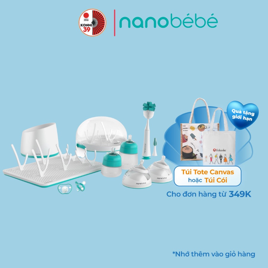 Combo bình sữa cho bé Nanobebe 17 chi tiết 4 bình sữa, 4 núm silicon, 2 núm giả, máy tiệt trùng, bát hâm sữa,. BAHACHIHA