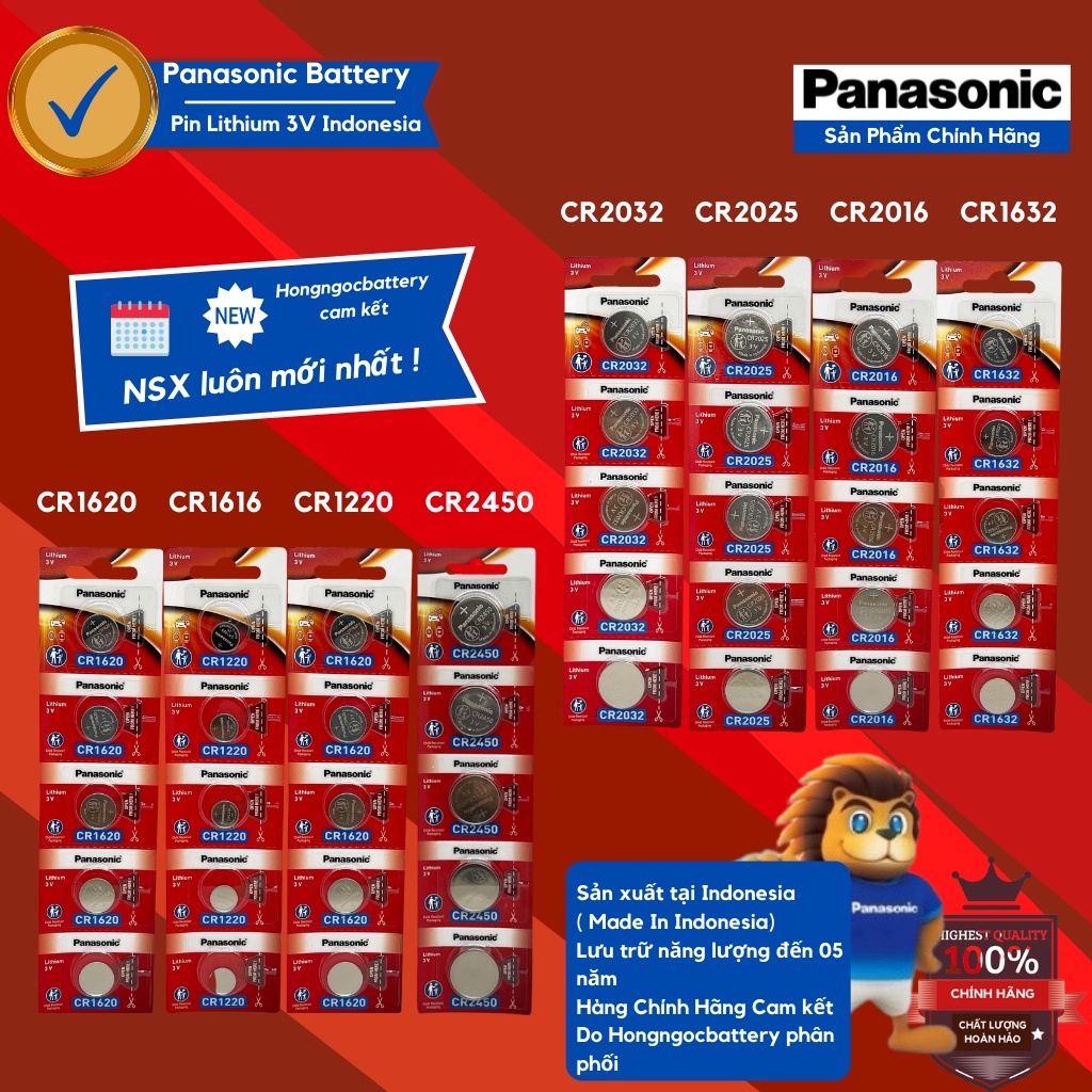 Vỉ 5 Viên Pin Panasonic CR2032 / CR2025 / CR2016 / CR1632 / CR1220 / CR1620 / CR1616 Pin 3V Lithium Made in Indonesia