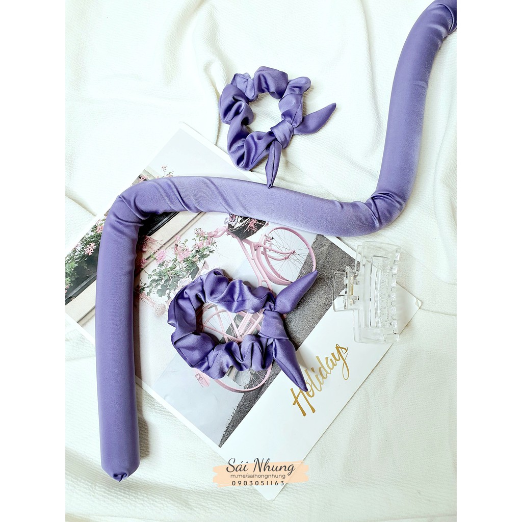 Thanh Cuốn Tóc Xoăn Lụa Cao Cấp Không Dùng Nhiệt (1 Thanh Cuốn Lõi Kẽm+ 2 Dây Cột Tóc+1 Kẹp Tóc)