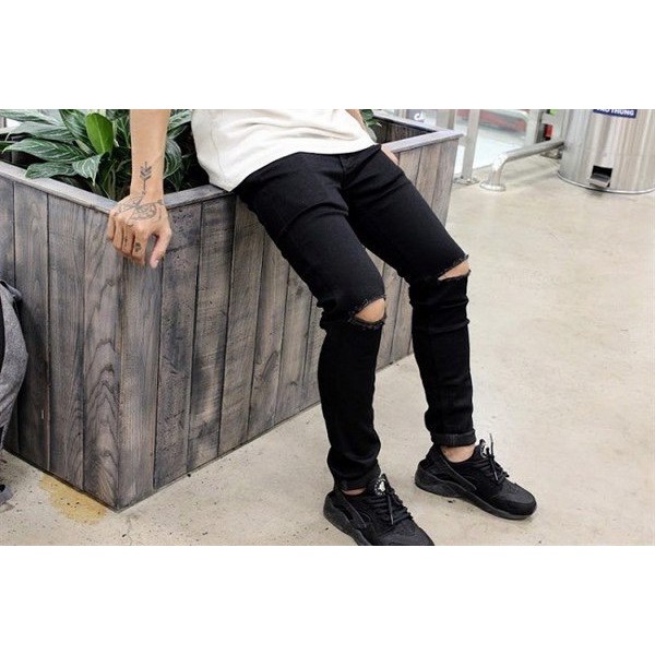 Quần Jean Nam Đen Rách Gối Ống Ôm Chất Jean Co Giản MS 50