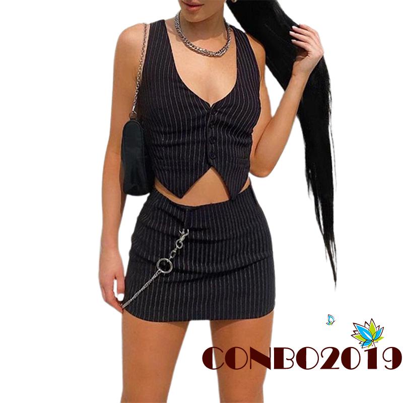 Set Áo Tank Top Cổ Chữ V + Chân Váy Chữ A Họa Tiết Kẻ Sọc Màu Đen Size S/M/L Cho Nữ